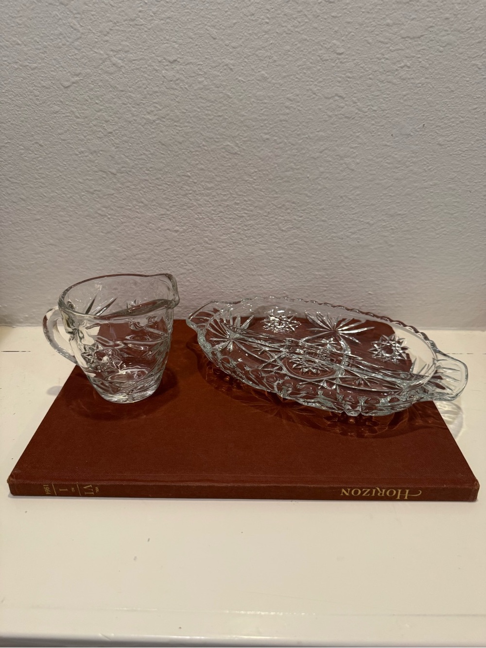 Vintage Anchor Hocking Star of David/Starburst Divided Relish Dish & Cream